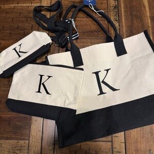 Black and Cream Tote Bag Set with Initial K